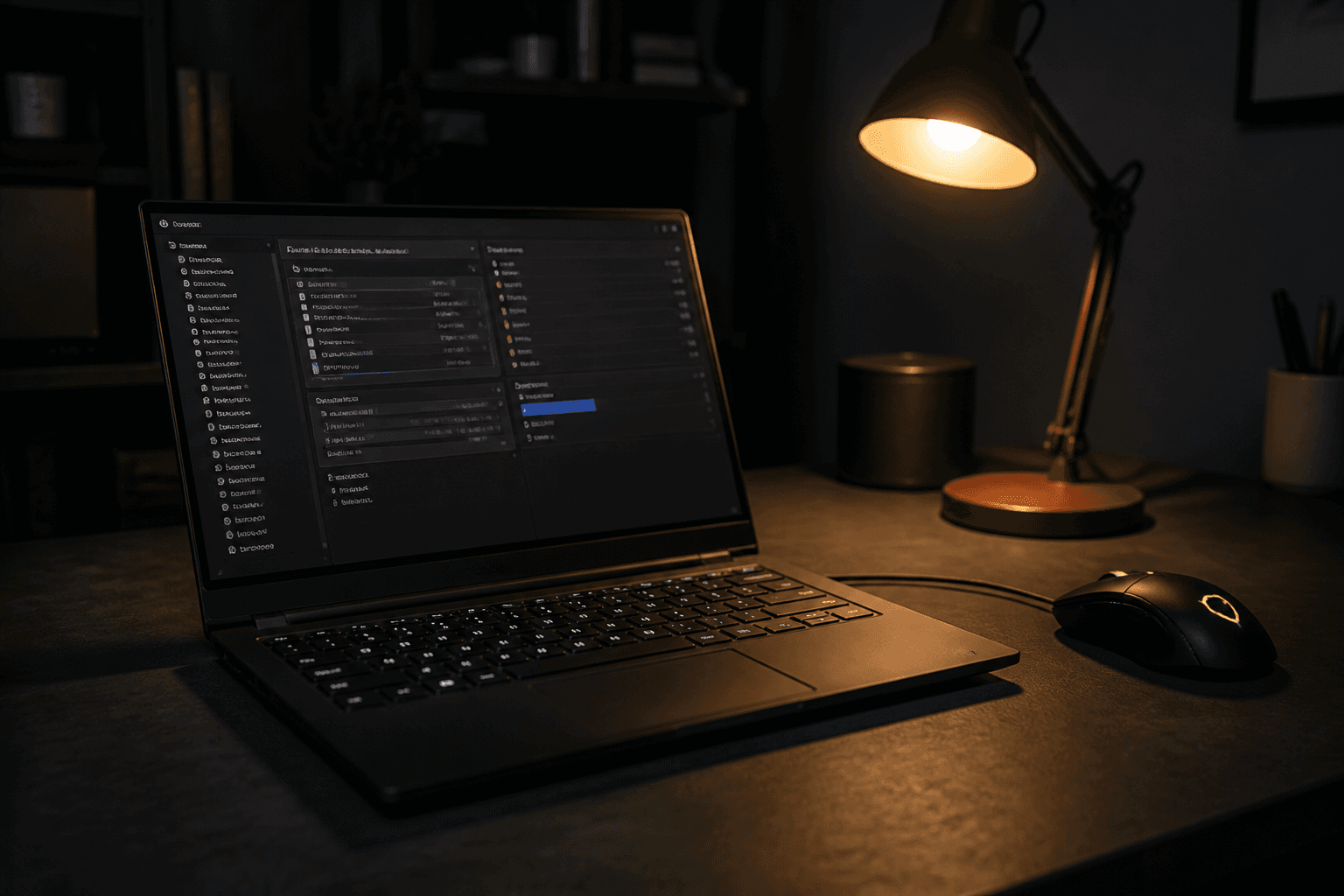 Dark desk with laptop and mouse