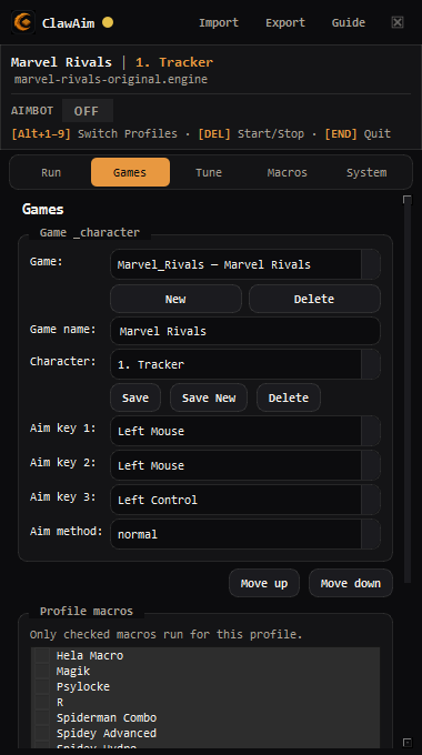 ClawAim Games tab with Marvel Rivals profile