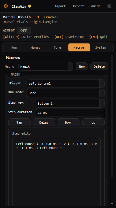 ClawAim Macros tab